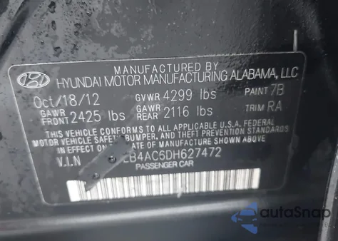 2013 Hyundai Sonata Gls из США, поврежденный, VIN 5NPEB4AC6DH627472